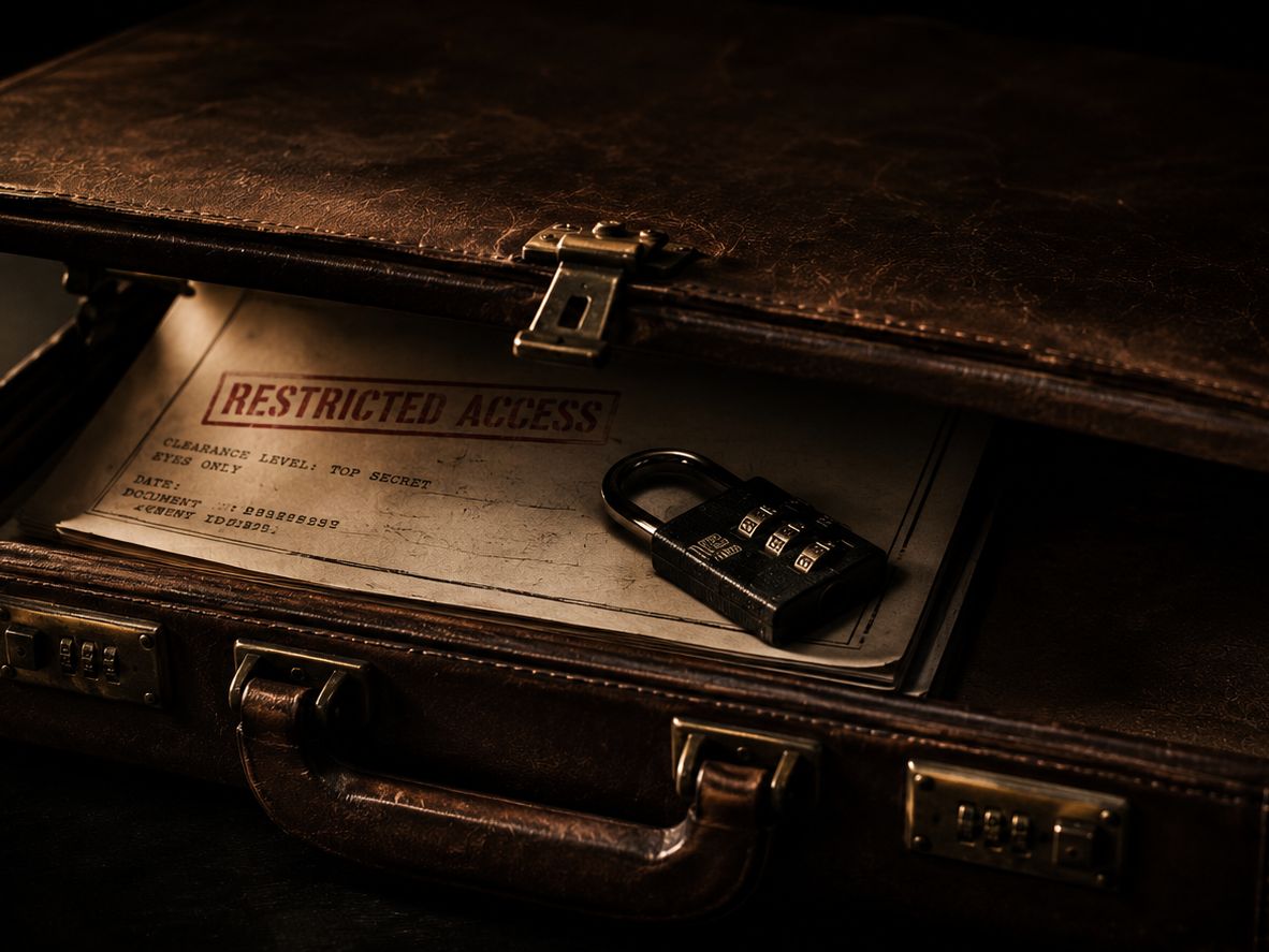 The Agent 47-B briefcase, half open, with a file marked restricted