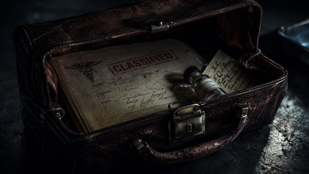 An open doctor’s bag with a medical file