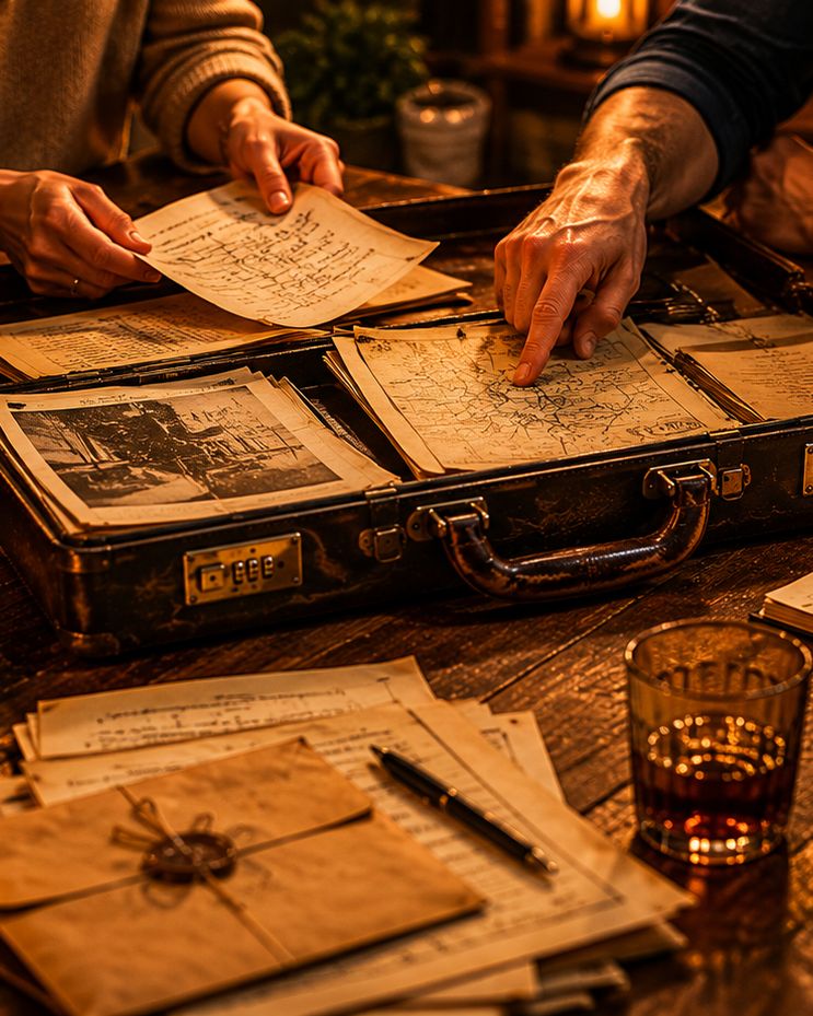 Hands around an open case full of maps and documents, by candlelight