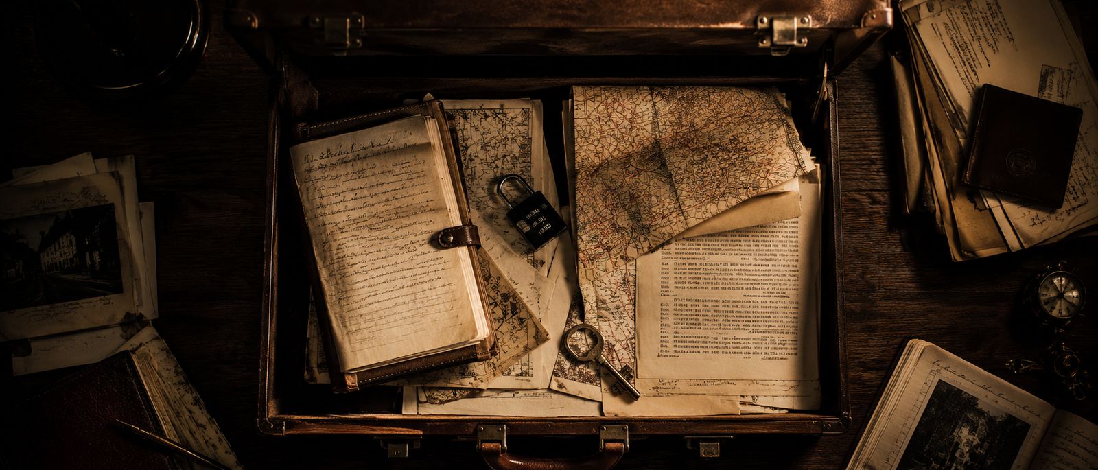 An open case full of documents, photos and a lock, seen from above
