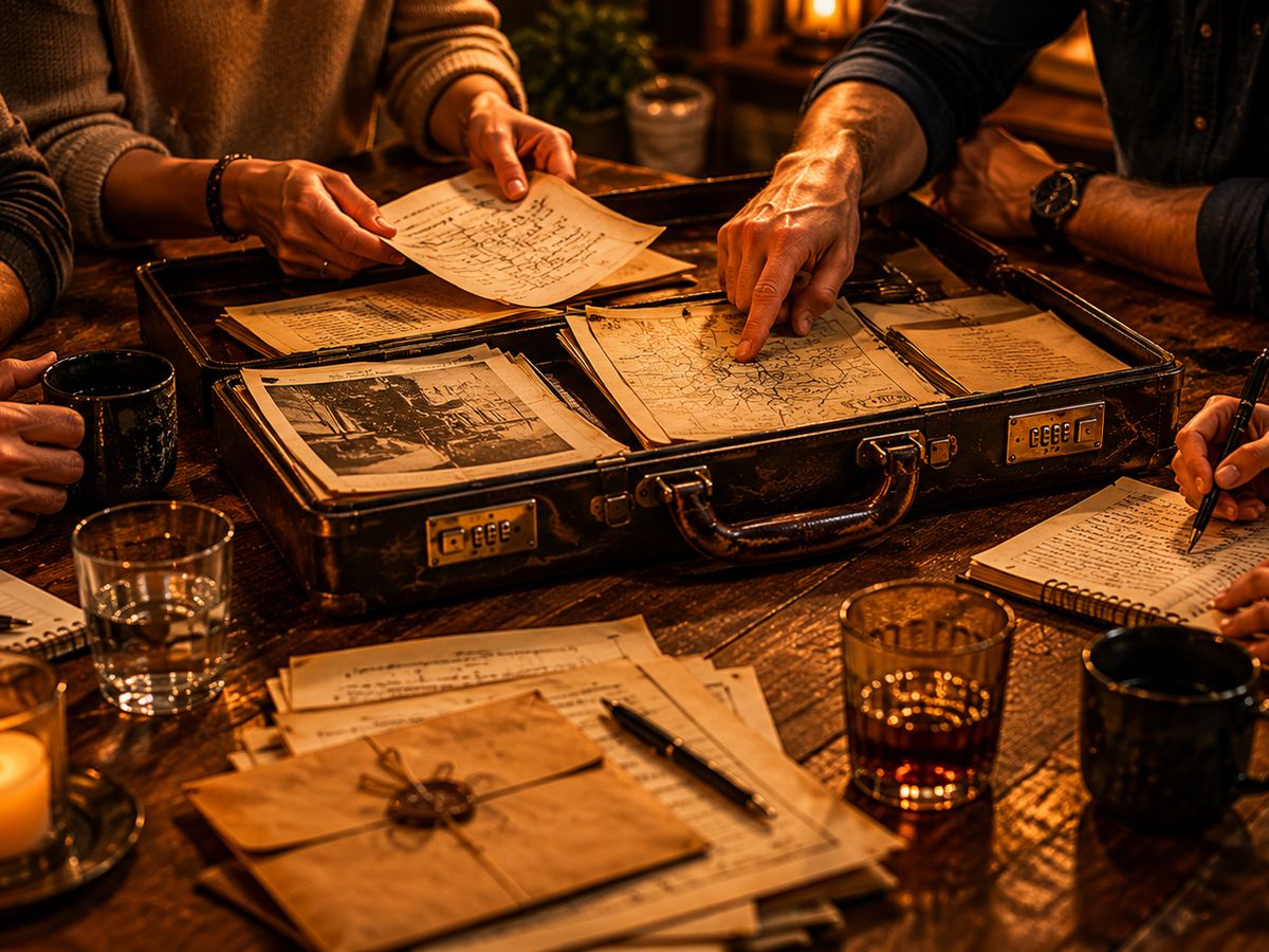 Hands around an open case with maps, documents and candlelight