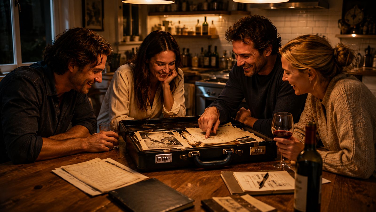Four friends laughing around an open case full of documents at the kitchen table